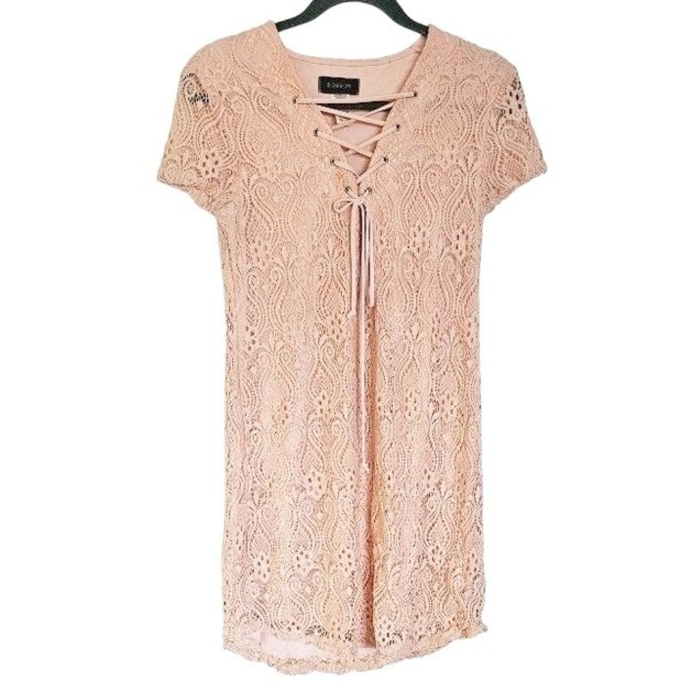 90s Lace short sleeve‎ pink Shift Dress size 7lace up neckline